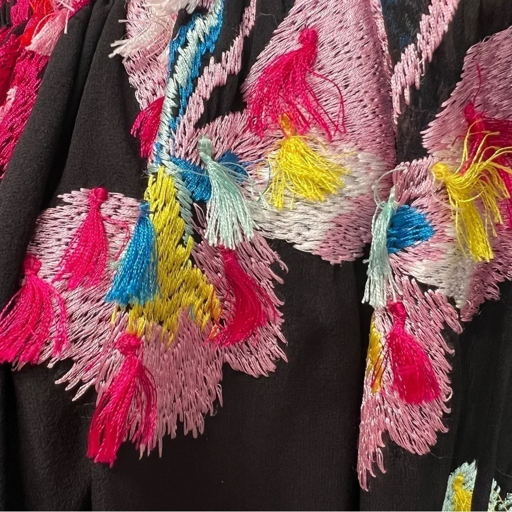 Tanya Taylor Georgette Tessa Black Silk Floral Embroidered Tassel Accent Top 8 - Picture 12 of 14